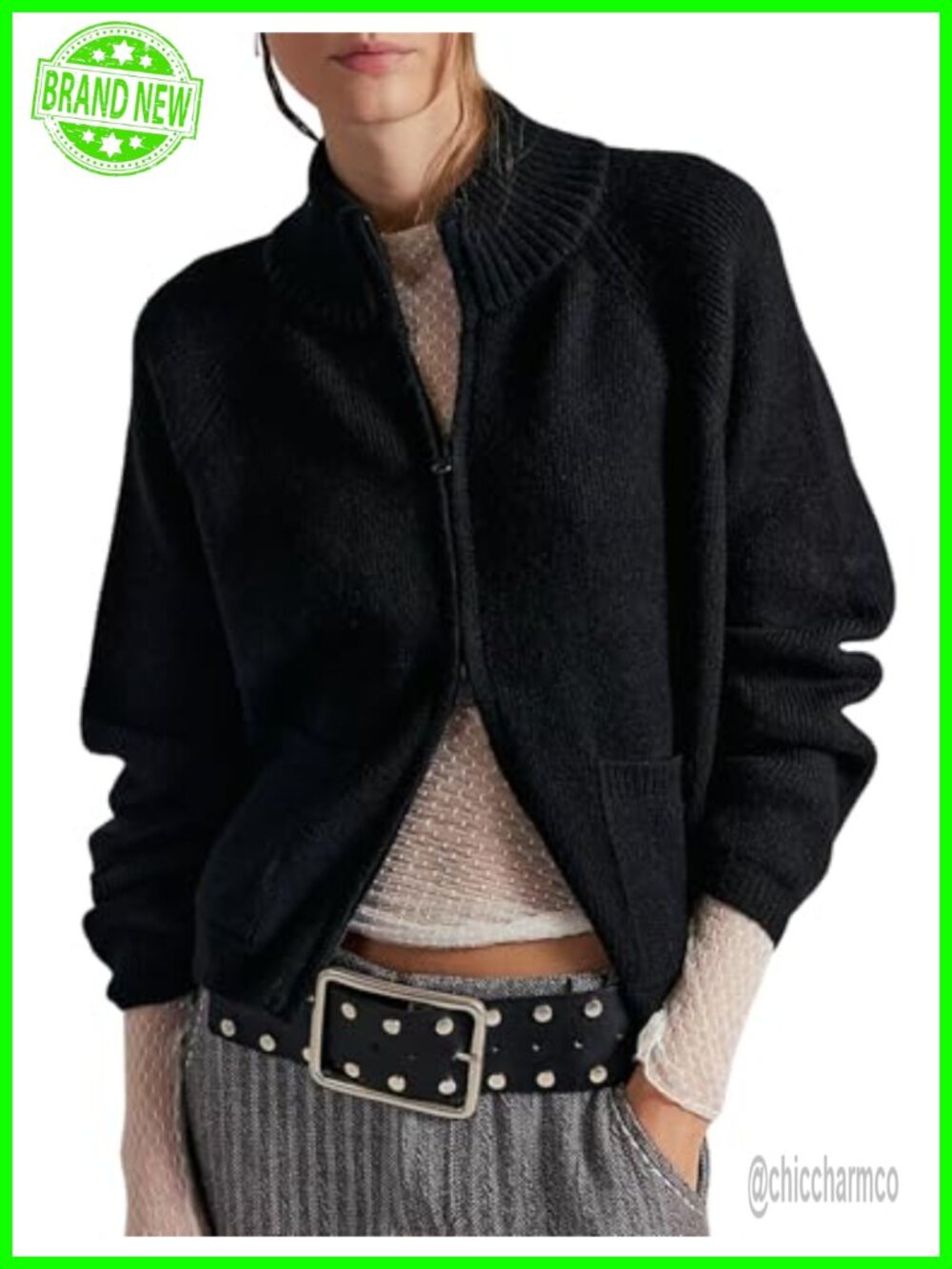 Cropped Chunky Knit Zip Cardigan Mock Neck Long Sleeve Ribbed Sweater Women